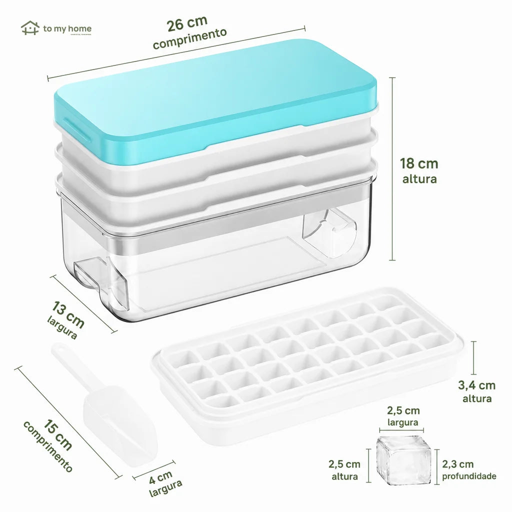 Forma de gelo empilhável com tampa, reservatório e pá para o freezer