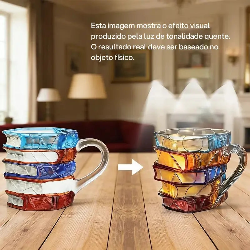Caneca cerâmica 3D com livros empilhados, design criativo artístico, acabamento delicado, presente leitores decoração funcional ideal casa escritório amantes leitura