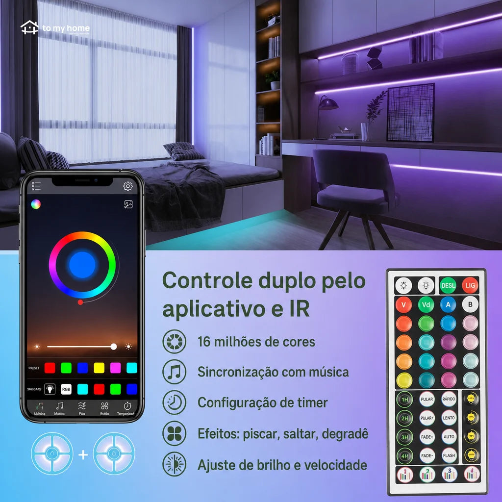 Fita de LED RGB 15 ou 30 m com Bluetooth, app e sincronização musical para quarto e festas