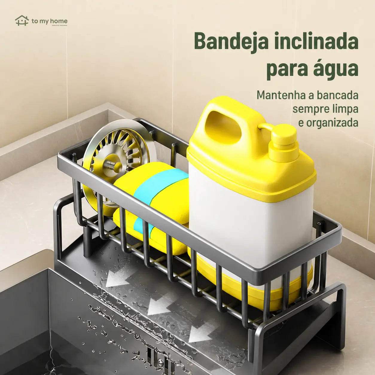 Caddy organizador de pia com porta-esponja, divisória e suporte alto para escova, ideal para cozinha compacta, bancada limpa e utensílios à mão