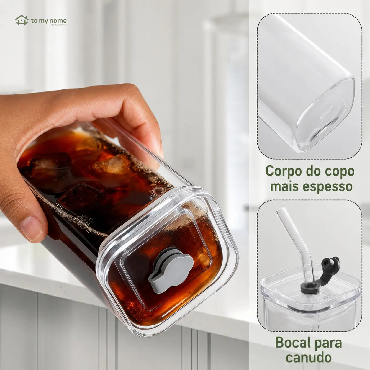Conjunto com 4 copos de vidro 380 ml com tampa e canudo, design quadrado para café, sucos e drinks em casa ou no escritório