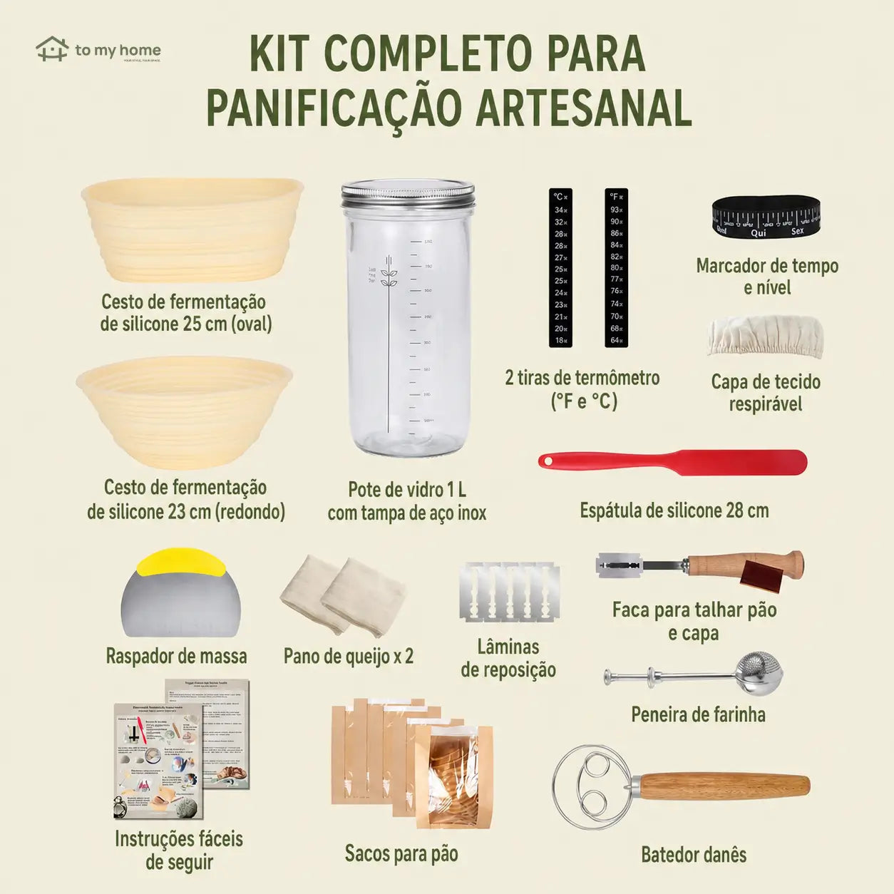 Kit completo para pão de fermentação natural com pote de vidro 1 L, cestos de silicone e acessórios para iniciantes