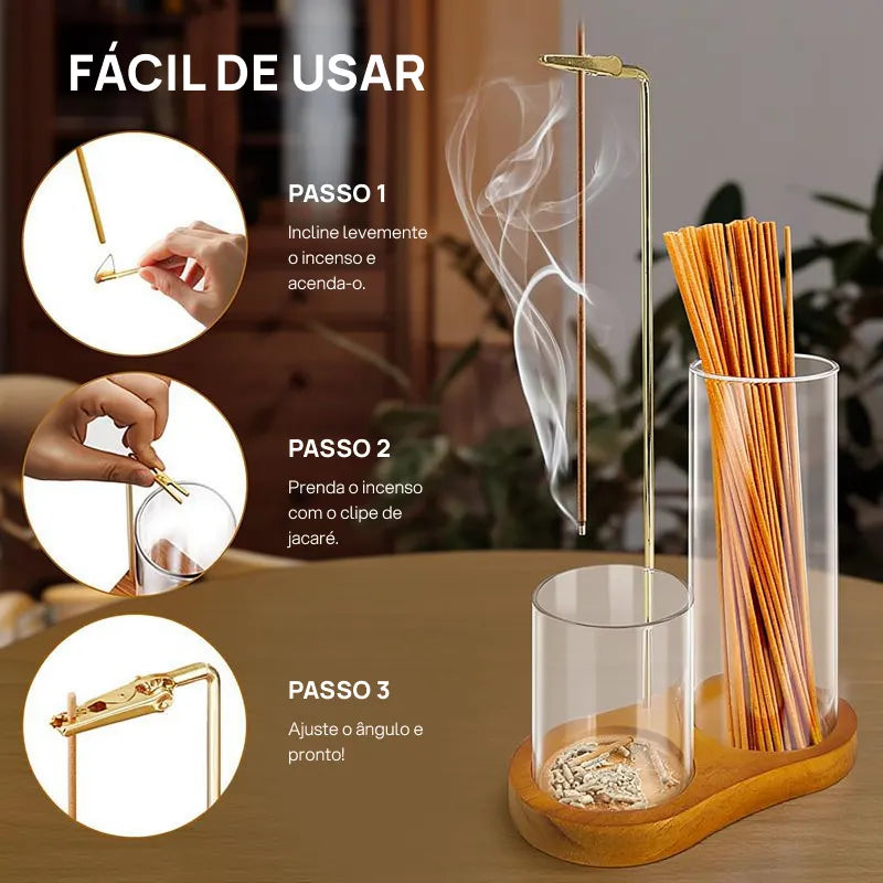 Porta incenso e vela 2 em 1 com base madeira, coletor cinzas vidro, difusor aromático decorativo elegante funcional para casa moderna aconchegante
