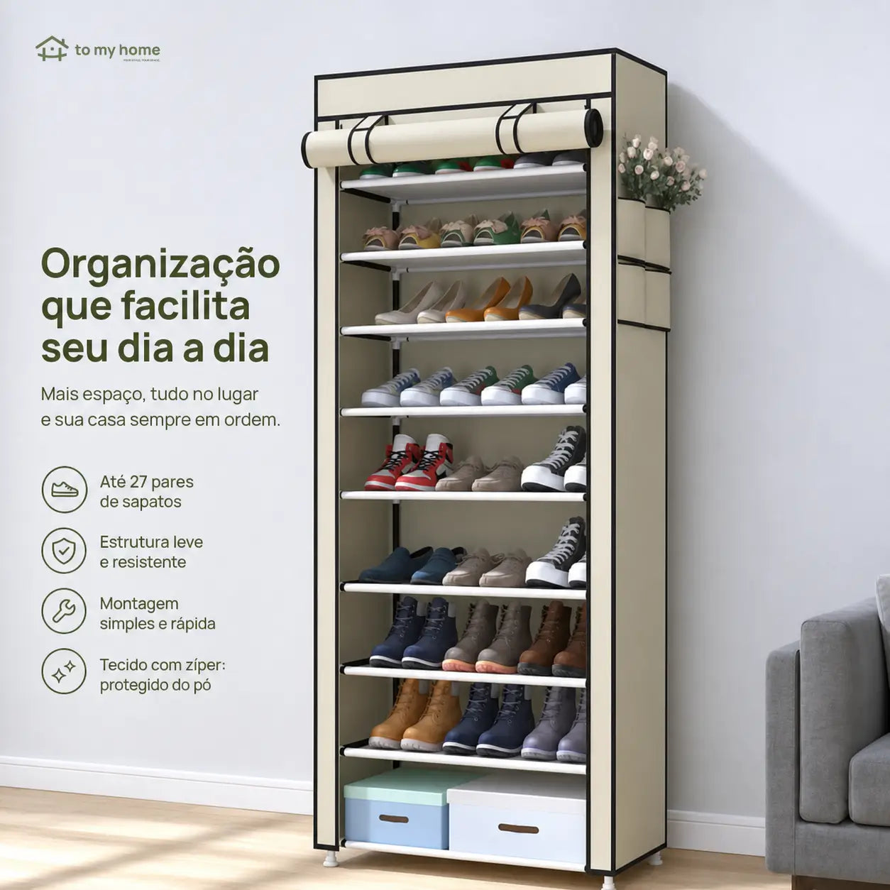 Sapateira vertical de 10 níveis com capa antipoeira e estrutura ajustável para organizar até 27 pares em espaços pequenos da casa