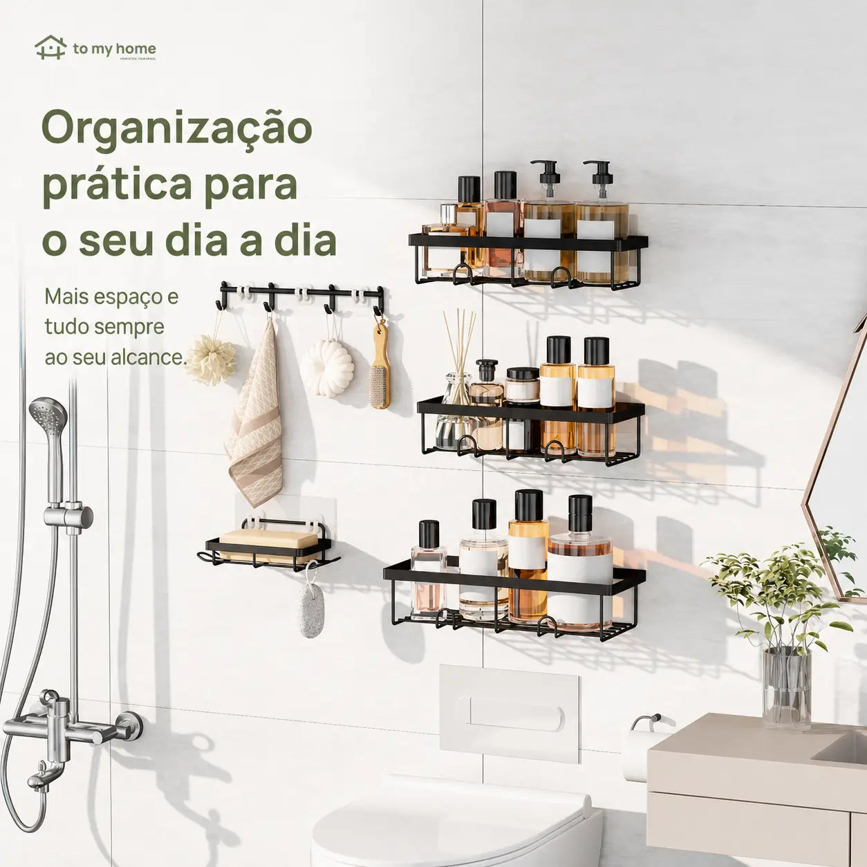 Kit organizador de box preto 5 peças sem furar, com prateleiras antiferrugem e ganchos removíveis para banheiro, cozinha e área de serviço
