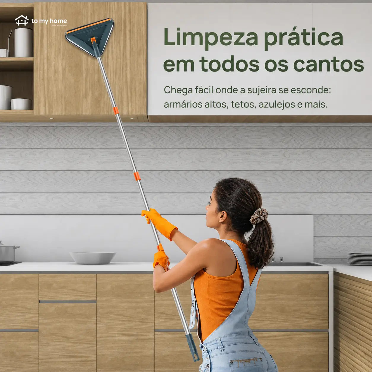 Mop triangular com cabo longo ajustável e rodízio 360° para limpar paredes, ventiladores, vidros, pisos e cantos difíceis