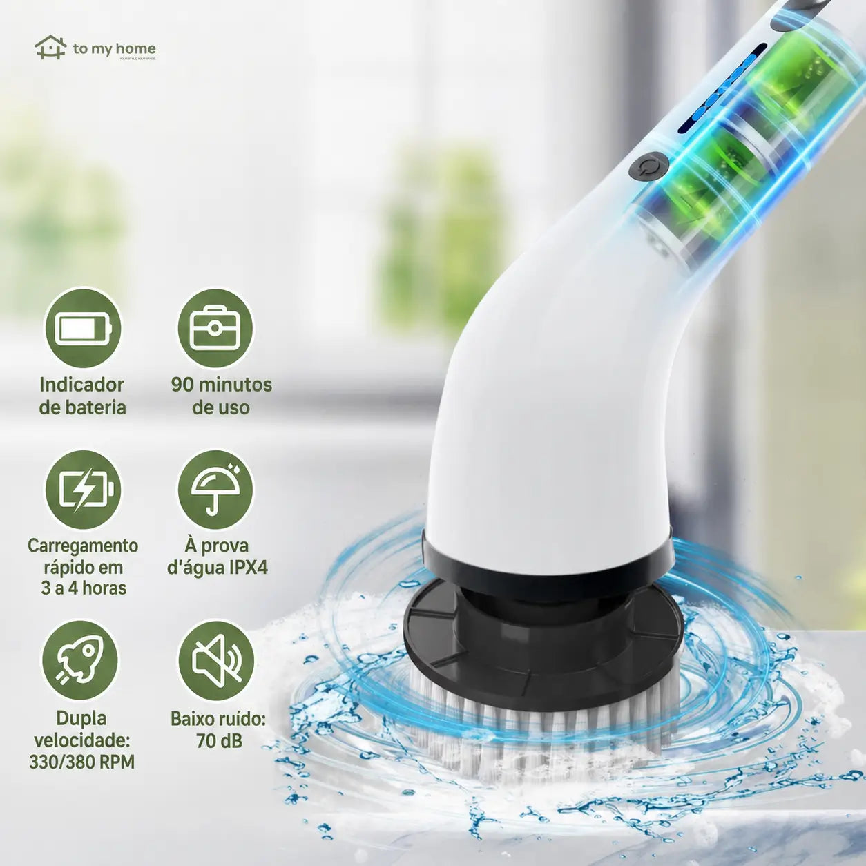 Limpador elétrico giratório sem fio com 2 velocidades, USB-C e extensão ajustável para limpeza prática de banheiro, cozinha, rejuntes, pia e piso