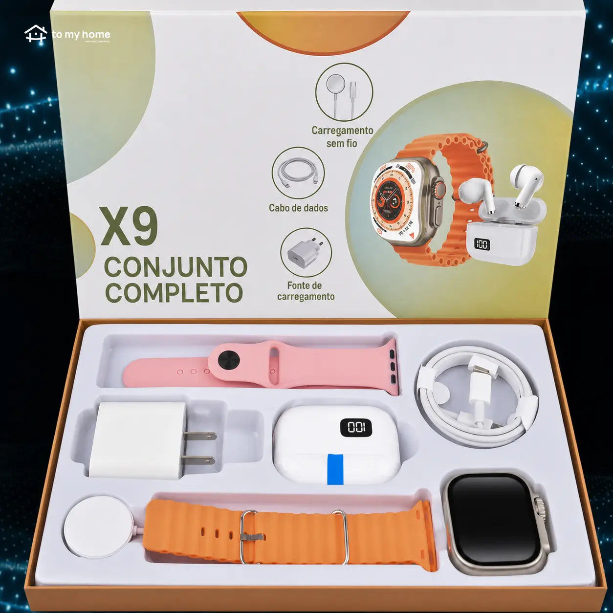 Kit smartwatch 6 em 1 com fone Bluetooth, carregador 20W e cabo Type-C para rotina conectada no trabalho, treino e viagens