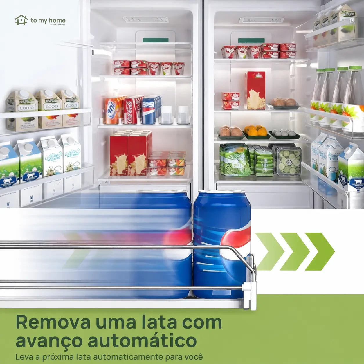 Dispenser de latas para geladeira em plástico reciclado com propulsão automática, organiza refrigerantes e libera espaço nas prateleiras da cozinha diariamente