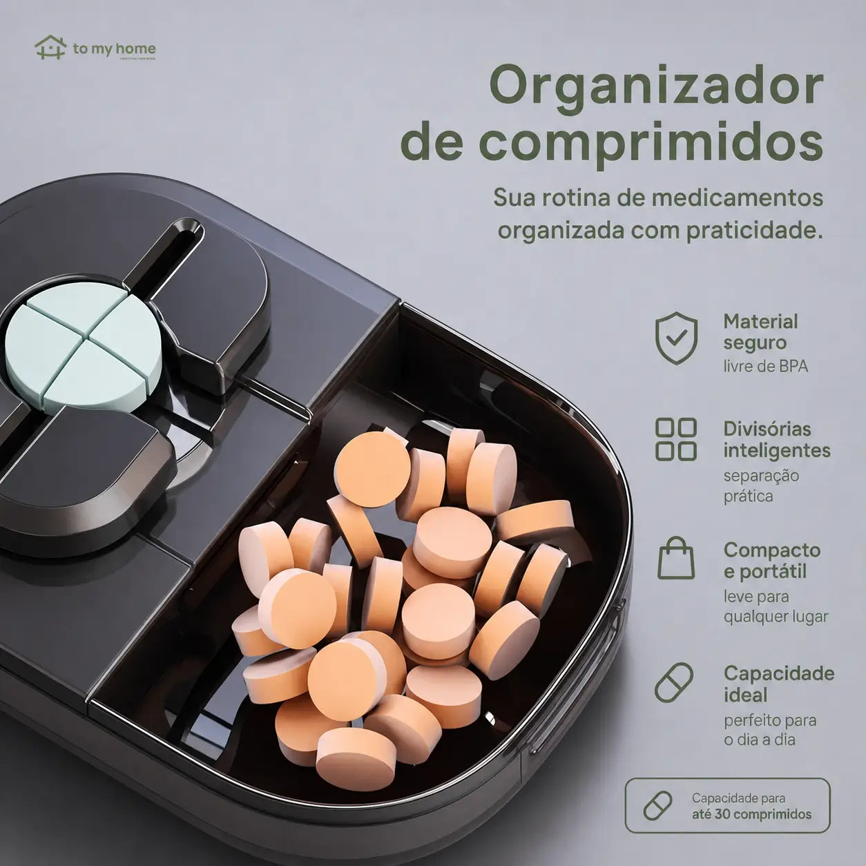Cortador de pílulas compacto com compartimento interno e ajuste de tamanho para idosos, cuidadores e medicação de pets no uso diário prático