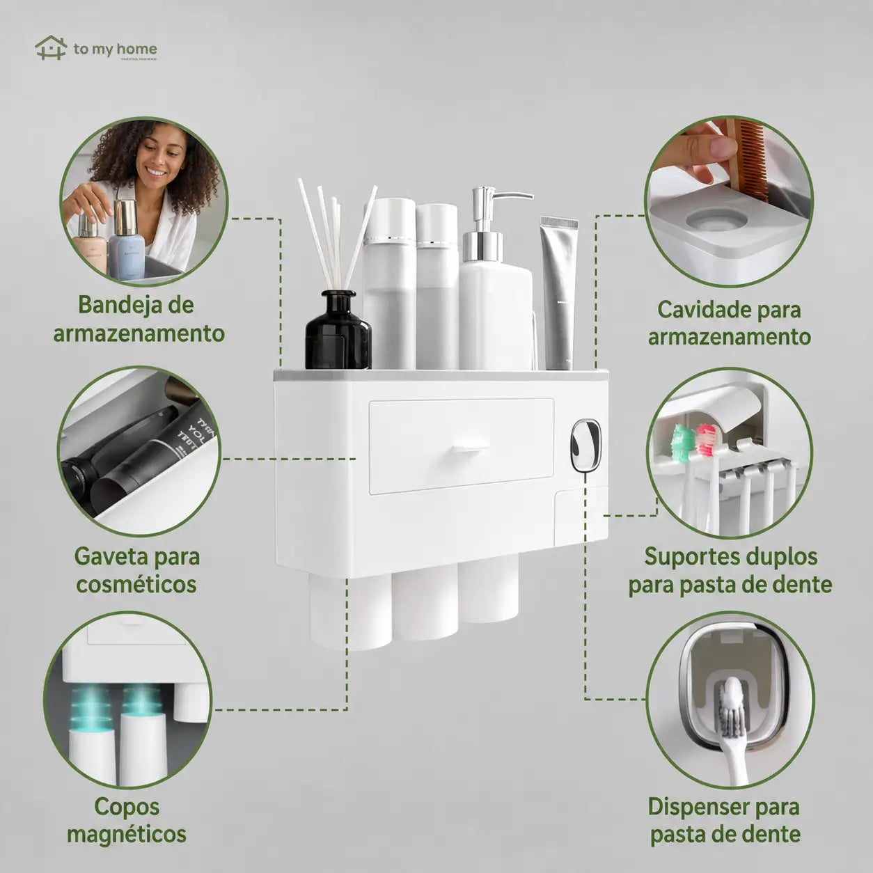 Organizador de escovas de parede com dispenser duplo de pasta, copos magnéticos e bandeja multiuso para banheiro familiar mais organizado prático