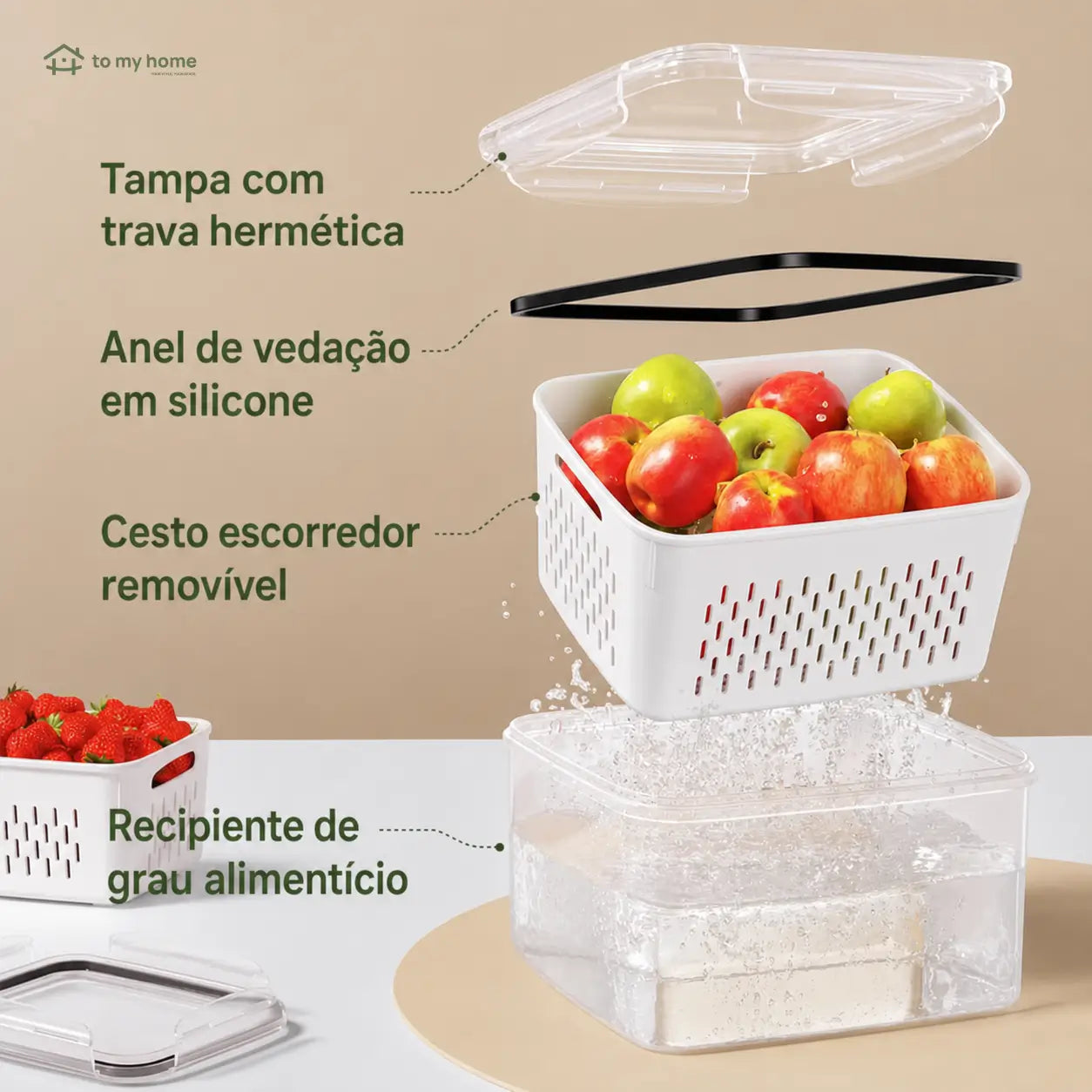 Kit com 5 potes organizadores de geladeira empilháveis, herméticos e livres de BPA, com escorredor para frutas, verduras, saladas e carnes
