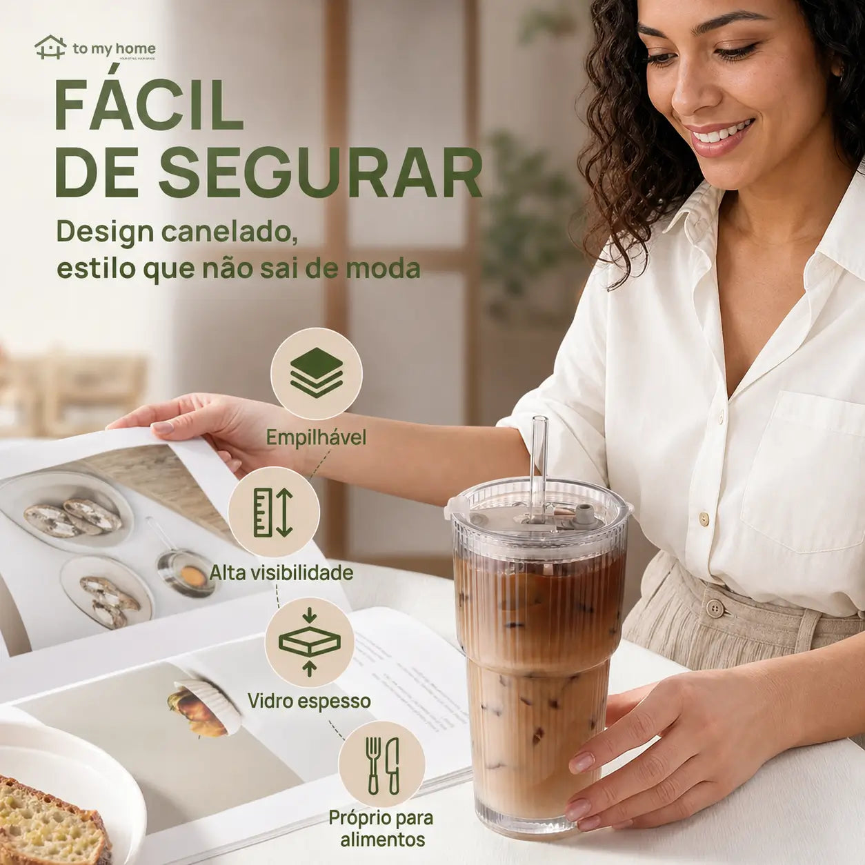 Copo tumbler de vidro canelado com tampa e canudo reutilizável, 562 ml, para café gelado, sucos e smoothies sem vazamentos