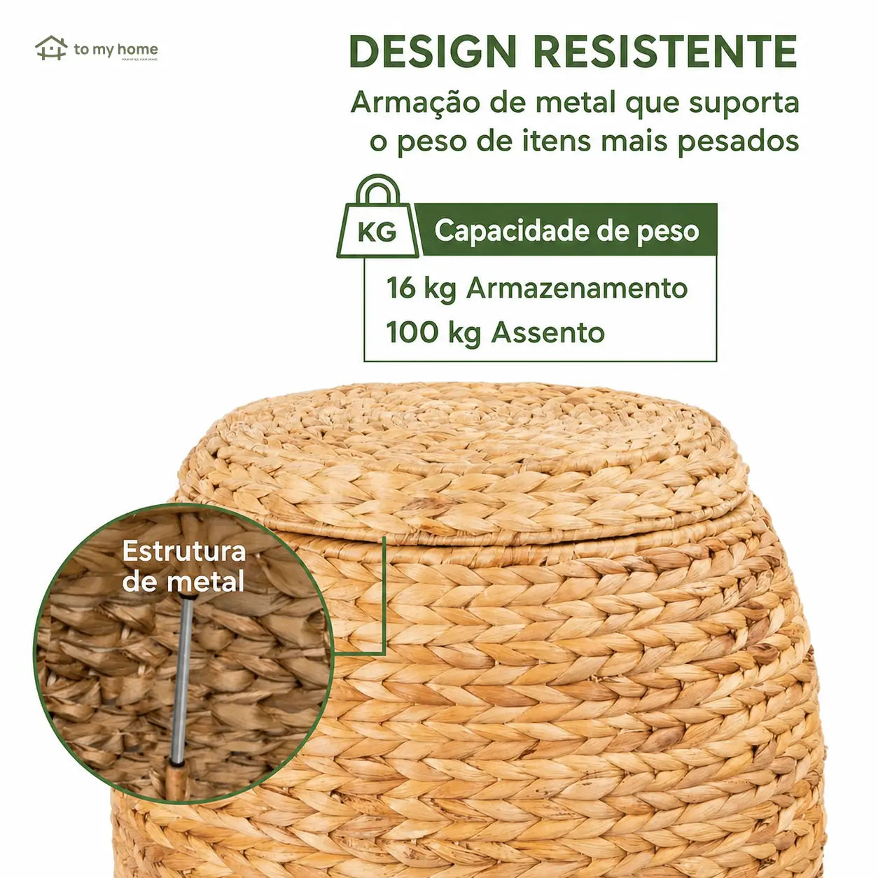 Cesto organizador com tampa em fibra natural trançada, estrutura metálica e armazenamento discreto para sala, quarto, brinquedos, mantas e roupas