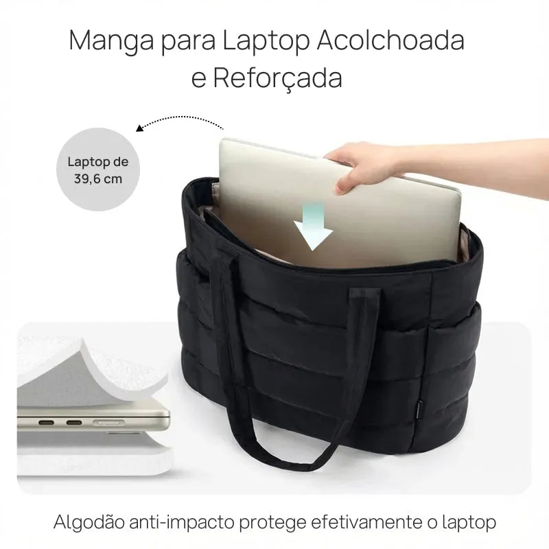Bolsa Tote Puffy Acolchoada Feminina para Notebook, Trabalho e Viagem, Leve, Espaçosa, Resistente e com Múltiplos Compartimentos