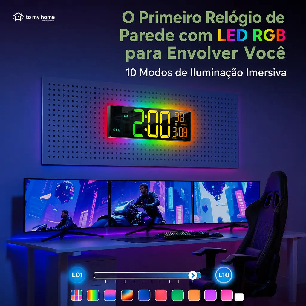 Relógio digital de parede grande com luz RGB, Bluetooth e alarmes duplos para sala, escritório, cozinha e setup gamer