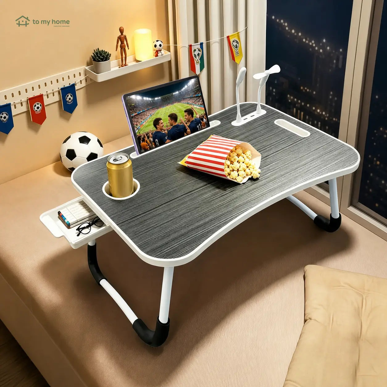 Mesa dobrável para notebook com 4 portas USB, porta-copos e gaveta para trabalhar ou estudar na cama com conforto