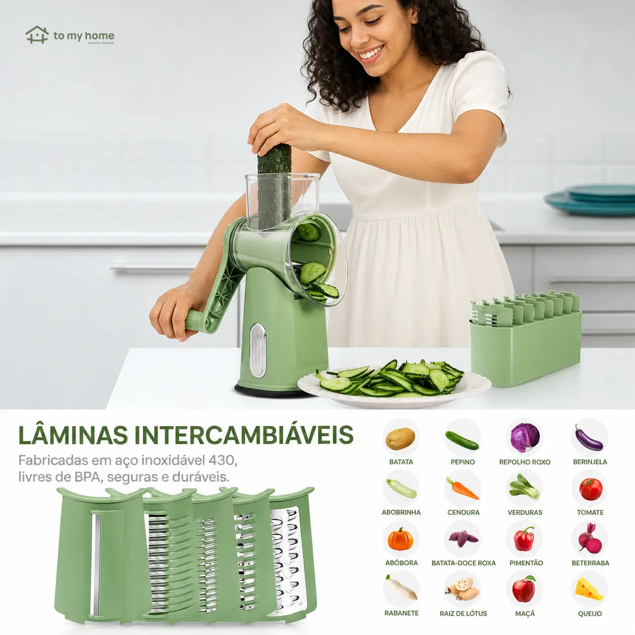 Ralador de queijo rotativo com 5 lâminas inox e base de sucção para fatiar legumes, frutas e chocolate com segurança na cozinha