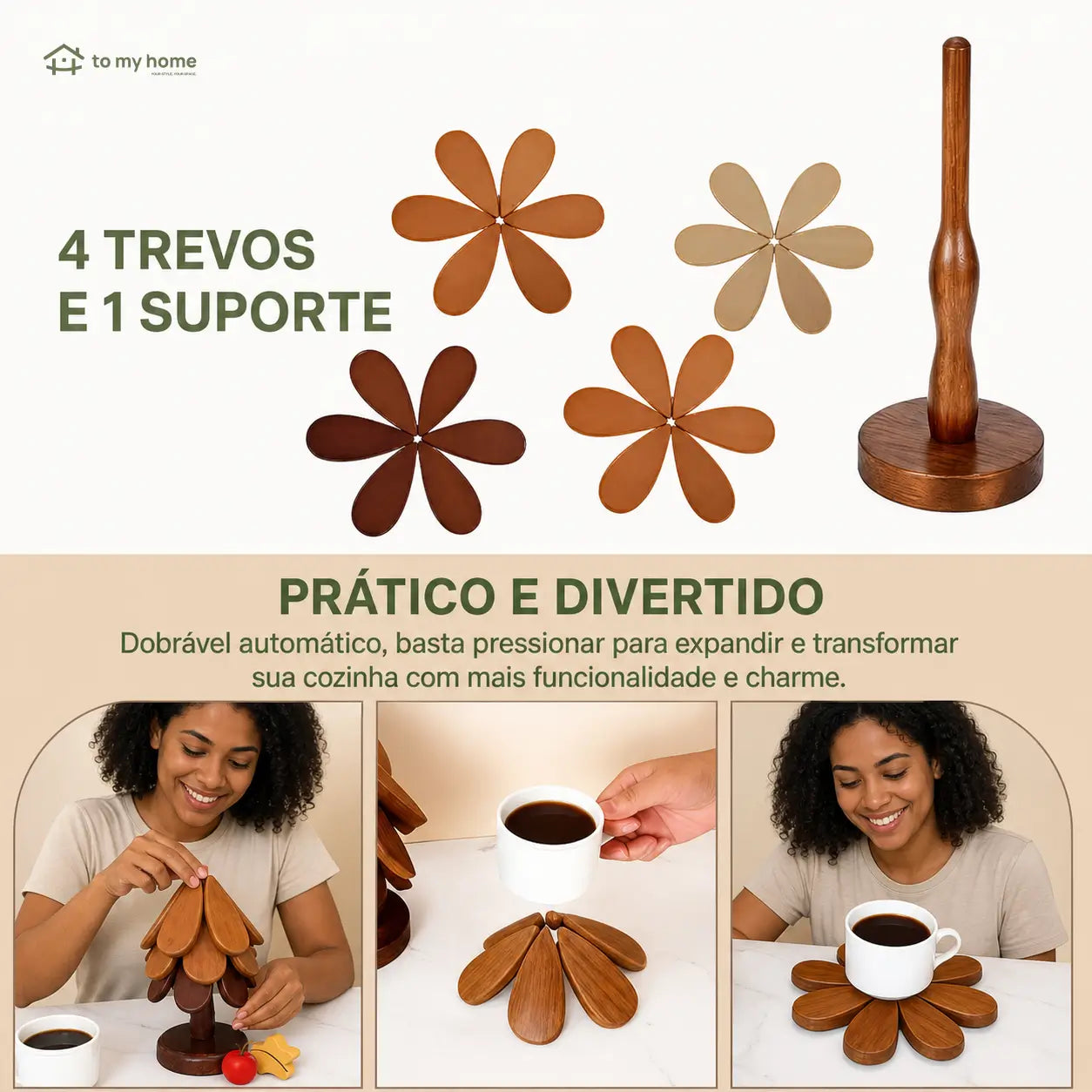 Descanso de panela em madeira maciça com suporte em árvore dobrável e resistente ao calor para pratos, bowls e xícaras quentes