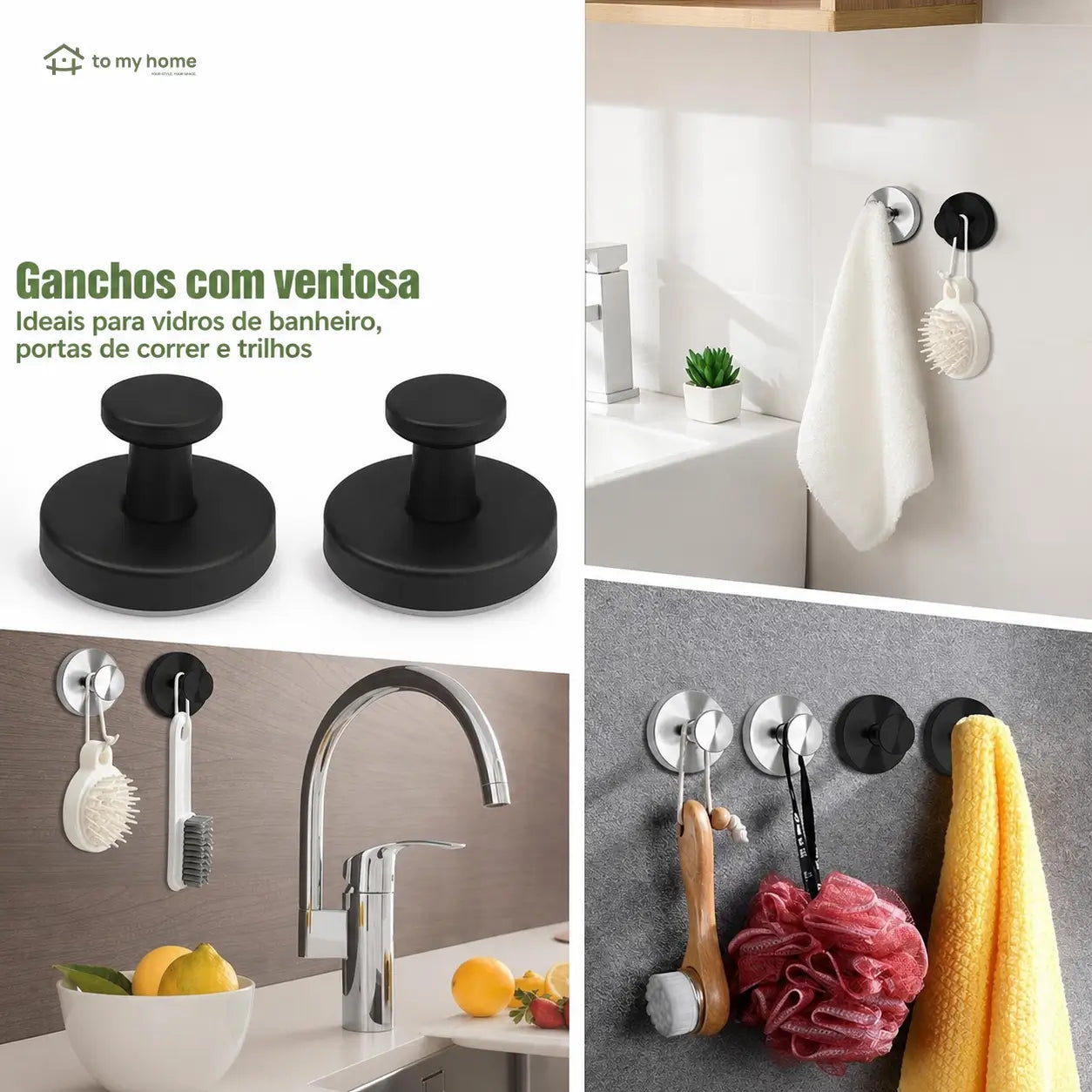 Kit com 2 ganchos de ventosa sem furar, acabamento preto fosco para organizar toalhas e acessórios no banheiro e cozinha com praticidade
