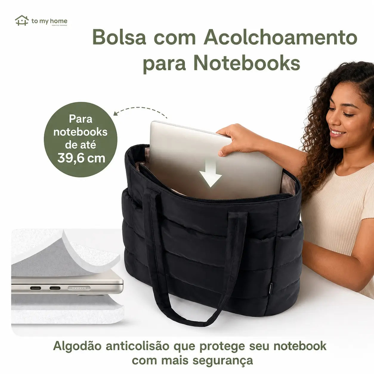 Bolsa tote puffer com porta-notebook e múltiplos compartimentos, ideal para rotina urbana, estudos, academia e viagens com conforto leve e prático
