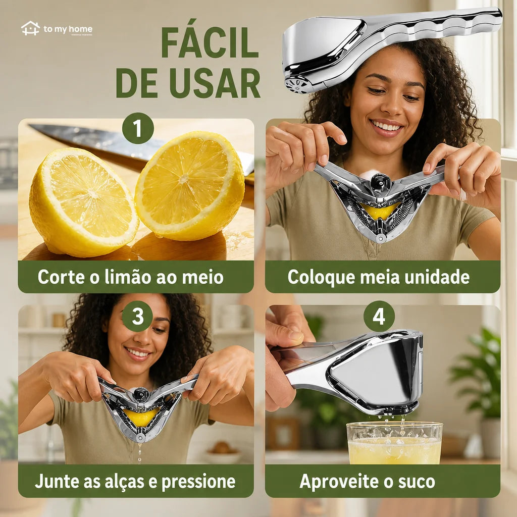 Espremedor manual de limão em aço inox com bico direcionador e pegada ergonômica para sucos, drinks e temperos na cozinha diária