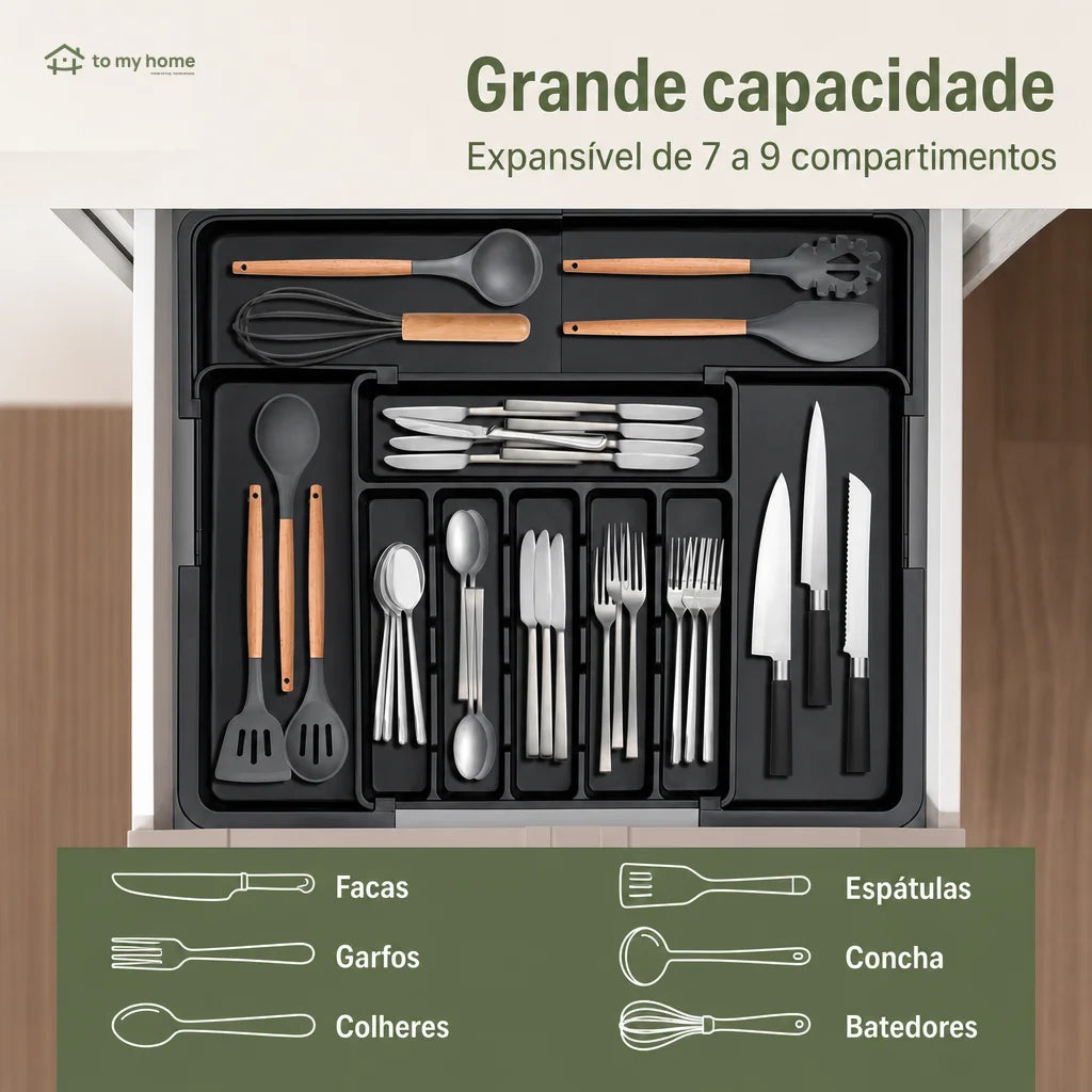 Organizador de talheres expansível com 9 compartimentos para gaveta