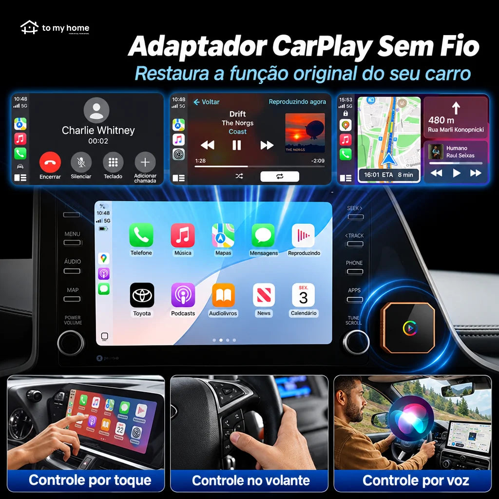Adaptador CarPlay e Android Auto sem fio com 2 cabos