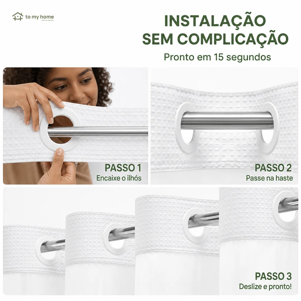 Cortina de banheiro sem ganchos com textura waffle, forro removível impermeável e janela telada para box moderno