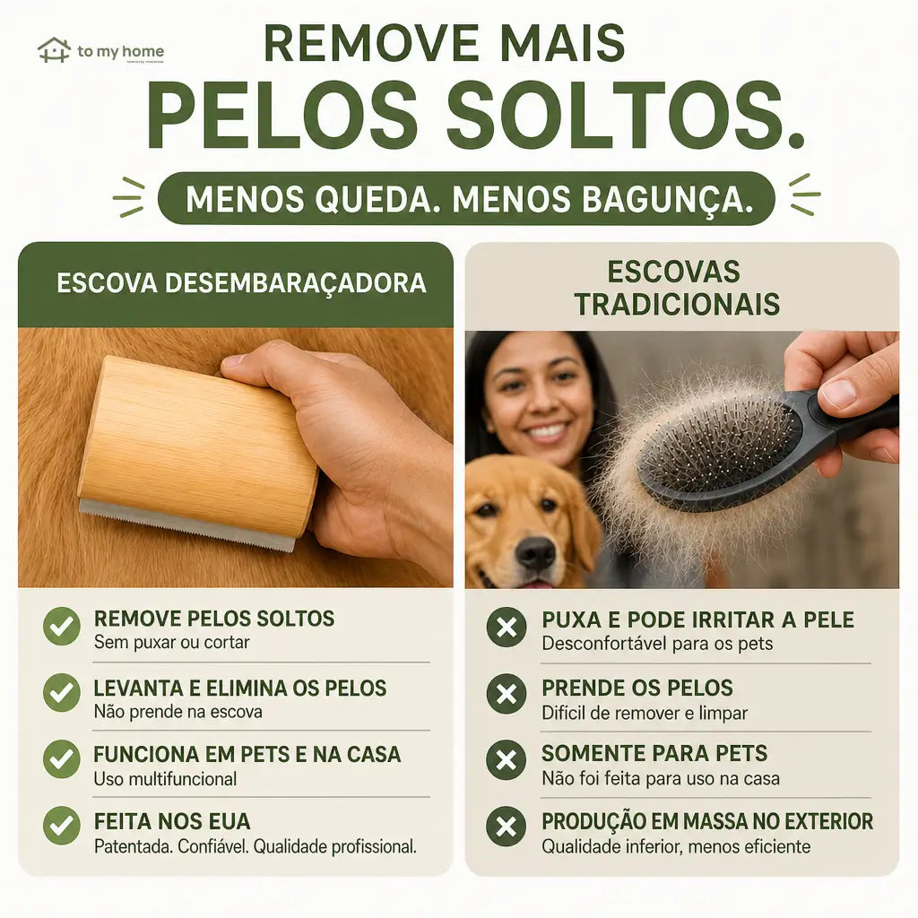 Escova removedora de pelos 15 cm com lâmina inox e cabo de madeira para cães, gatos, sofás, tapetes e caminhas