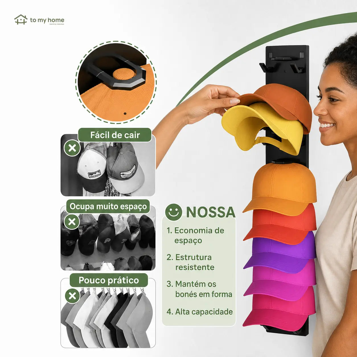 Organizador de bonés de parede com 2 suportes, adesivo ou parafuso, economiza espaço no quarto e closet, comporta 18 bonés