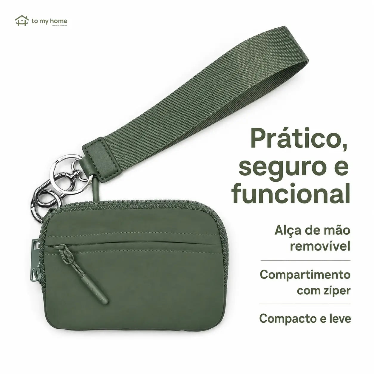Carteira feminina compacta RFID em nylon com alça de mão, zíper e divisórias para organizar cartões e documentos no dia a dia casual