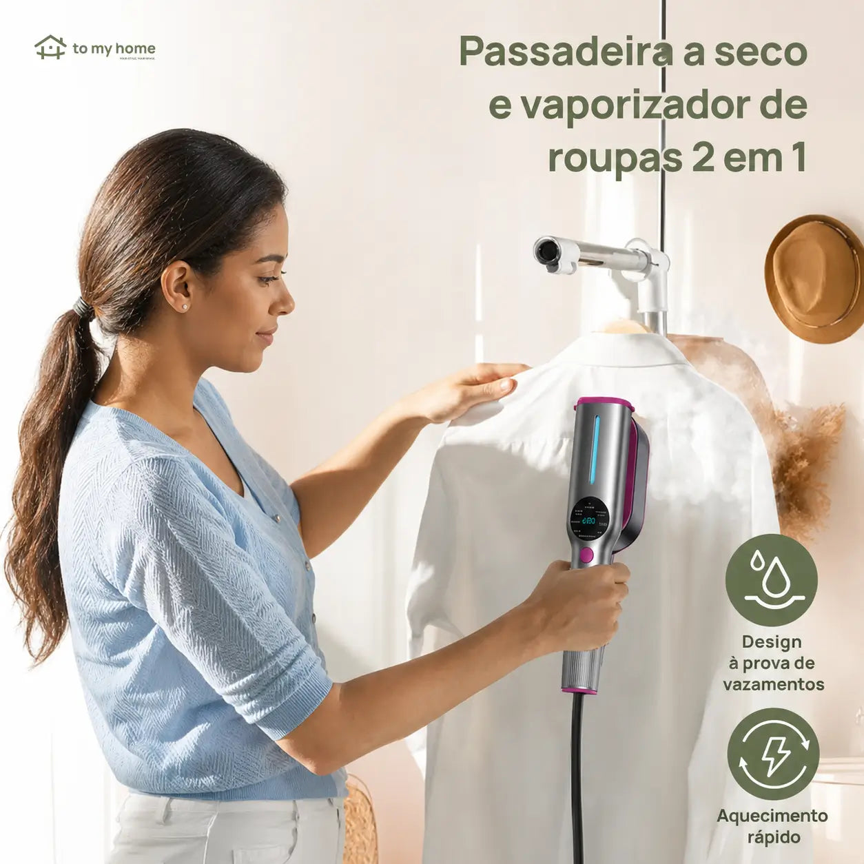 Passadeira a vapor portátil 2 em 1 com 7 modos, aquecimento rápido e cabo giratório para roupas em casa e viagens curtas