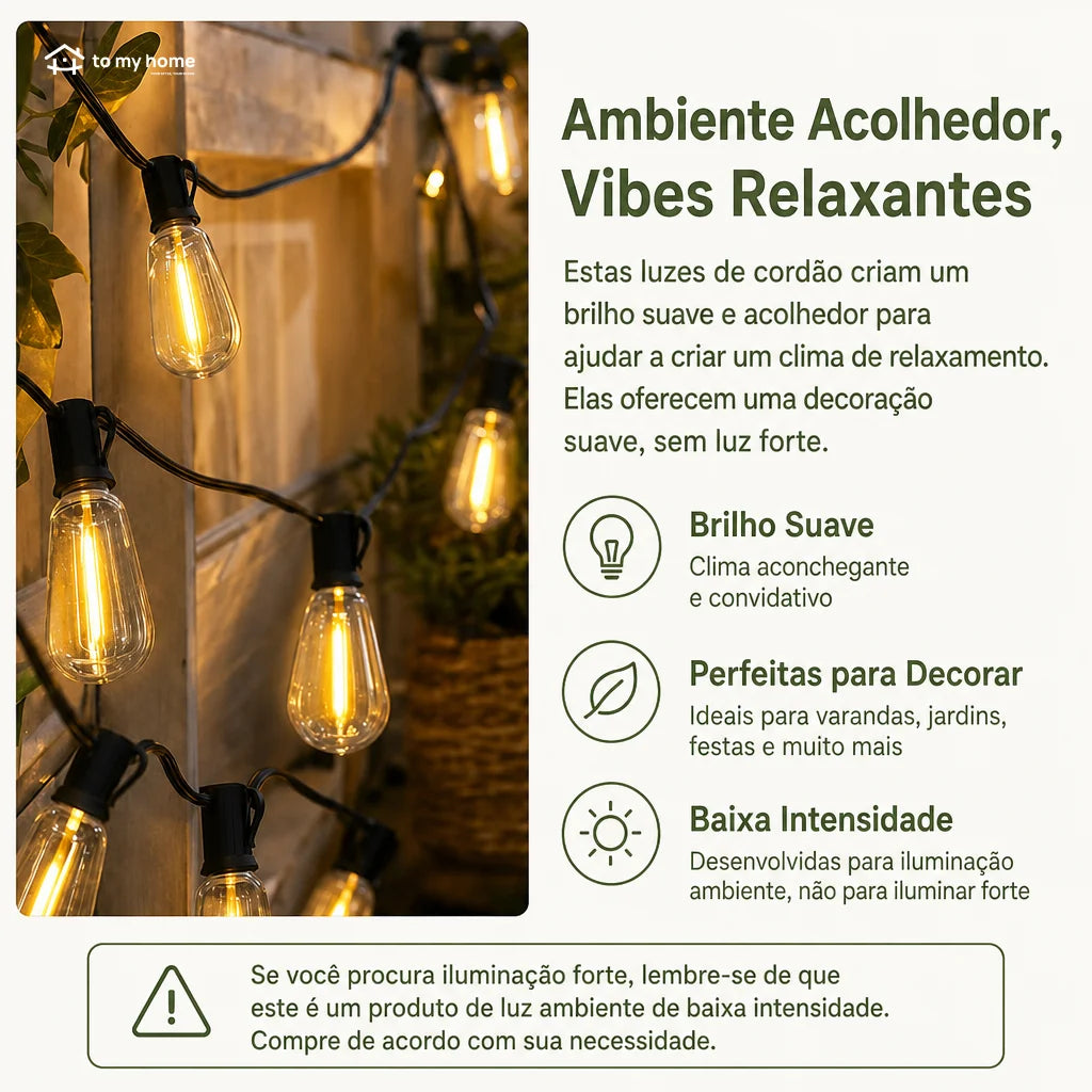 Cordão de luzes solares LED com sensor crepuscular e 8 modos para varanda, jardim e área externa
