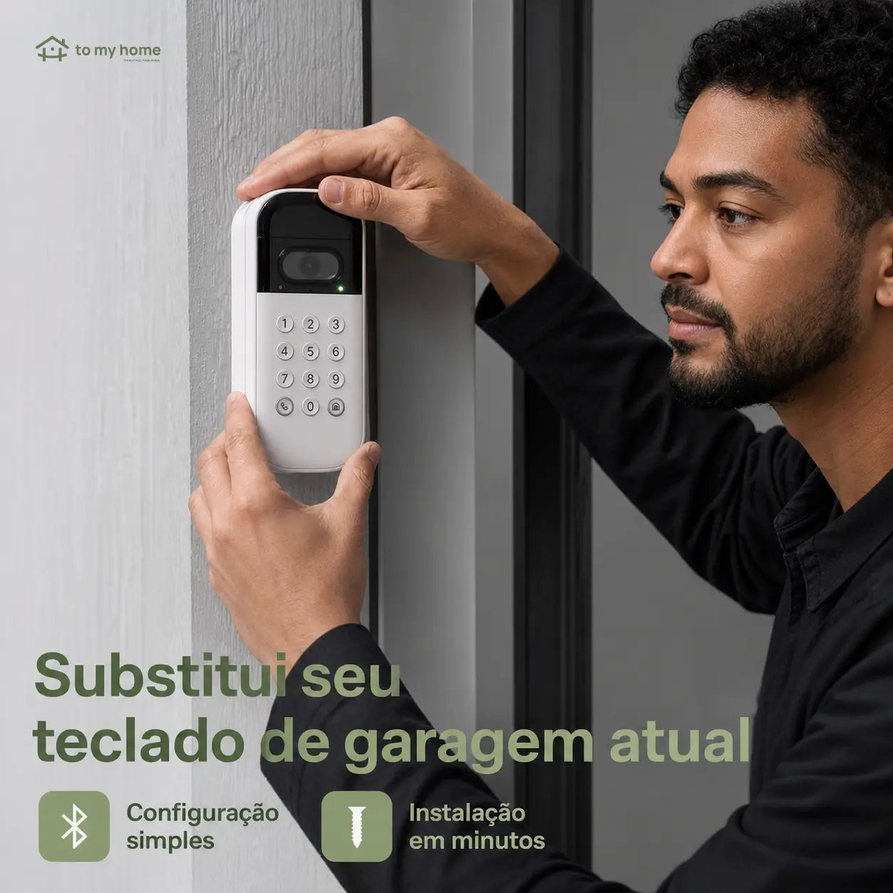 Teclado inteligente para portão de garagem com câmera grande-angular, PINs personalizados e controle remoto pelo app para acesso seguro no dia a dia