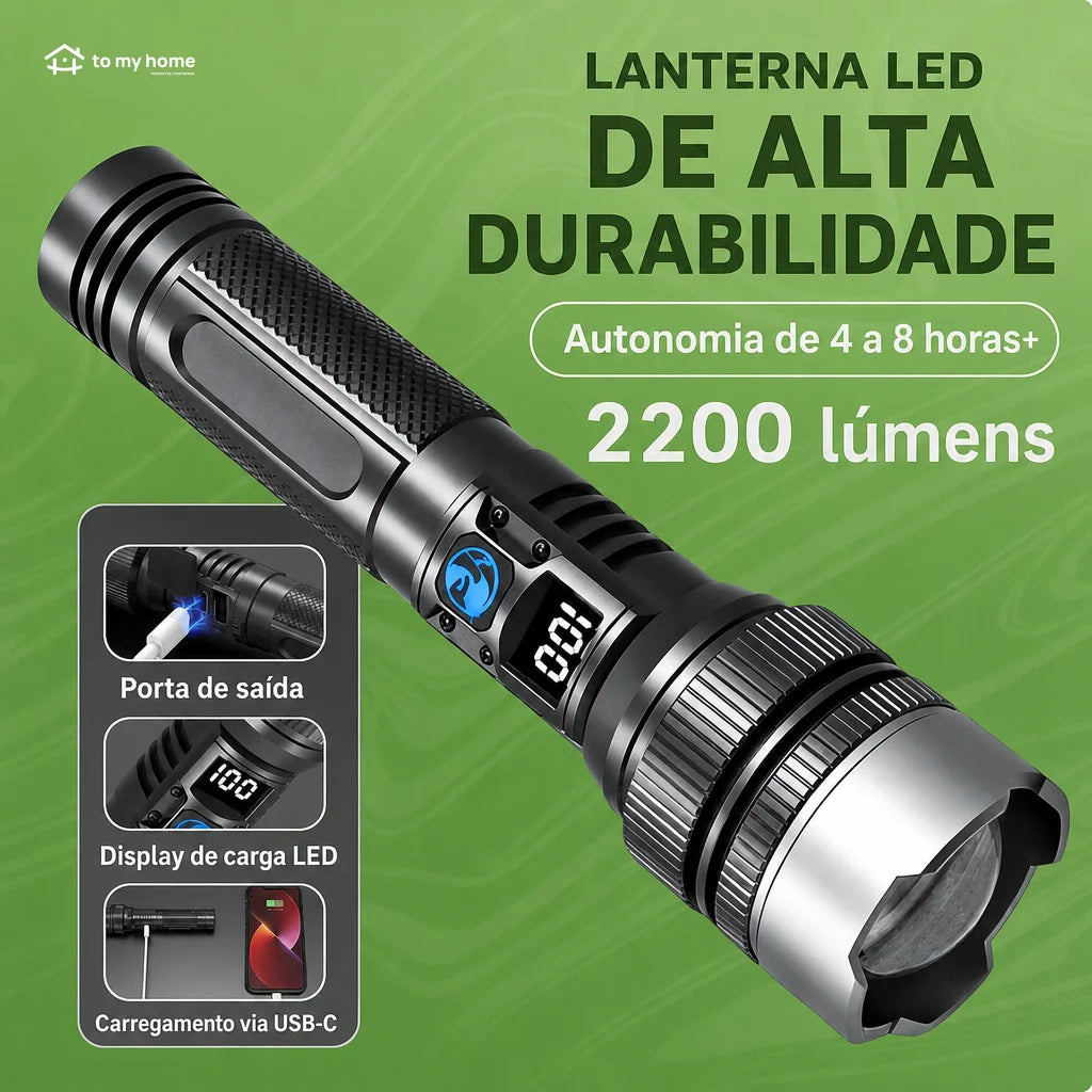 Lanterna LED recarregável 2200 lúmens com power bank, zoom ajustável, visor digital e resistência à água para camping, apagões e emergências