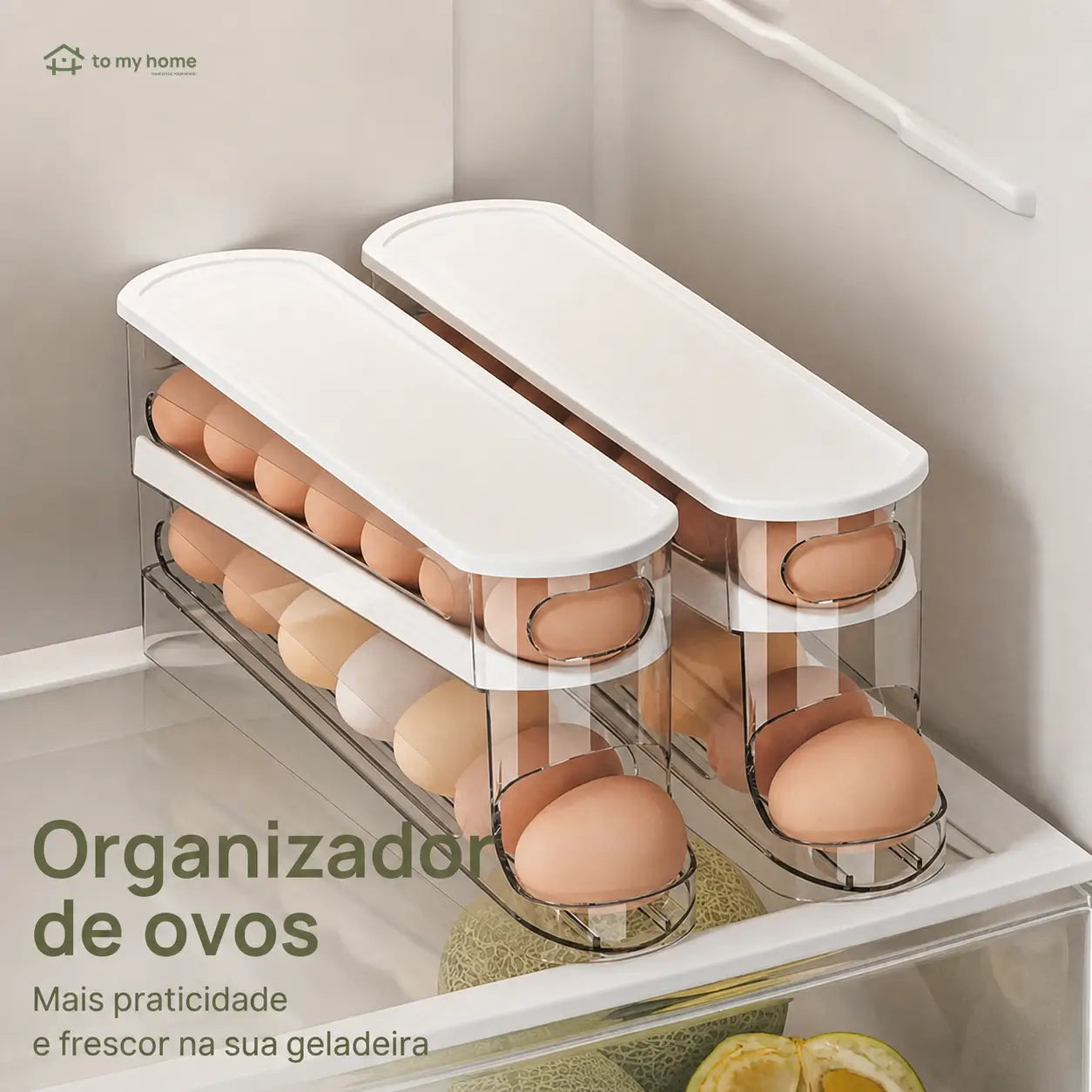 Organizador de ovos transparente em plástico resistente, empilhável e compacto para geladeira, cozinha e armazenamento diário com design de rolagem prática