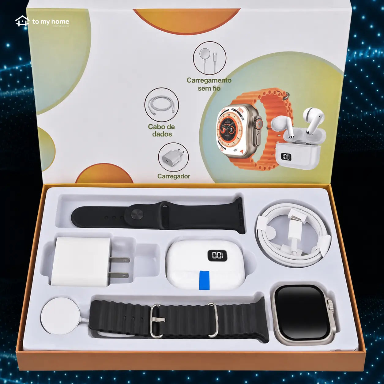 Kit smartwatch 6 em 1 com fone Bluetooth, carregador 20W e cabo Type-C para rotina conectada no trabalho, treino e viagens