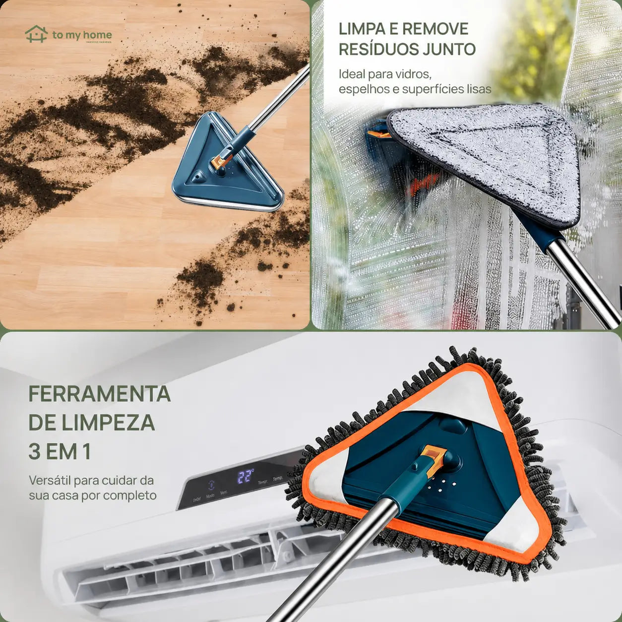 Mop triangular com cabo longo ajustável e rodízio 360° para limpar paredes, ventiladores, vidros, pisos e cantos difíceis