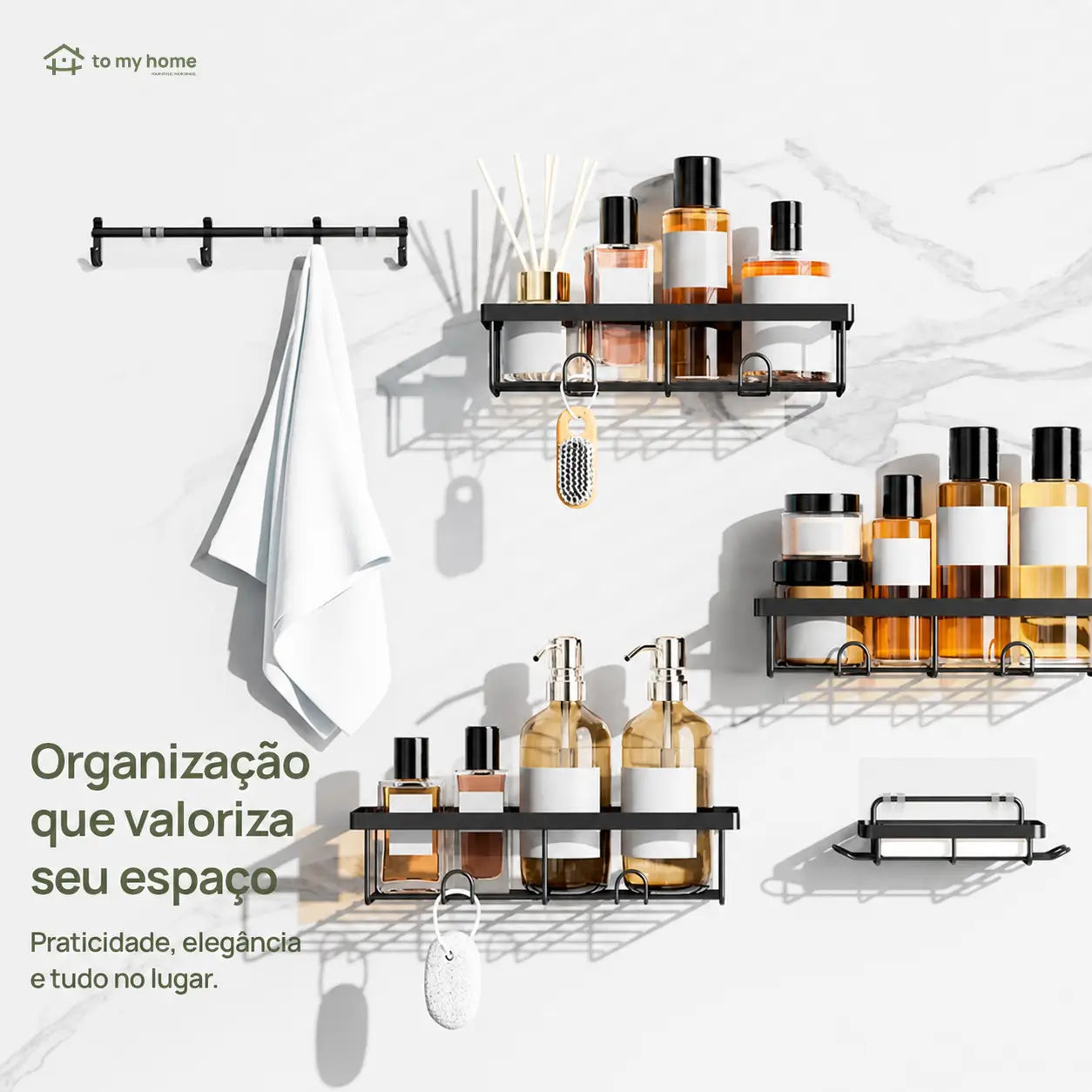 Kit organizador de box preto 5 peças sem furar, com prateleiras antiferrugem e ganchos removíveis para banheiro, cozinha e área de serviço