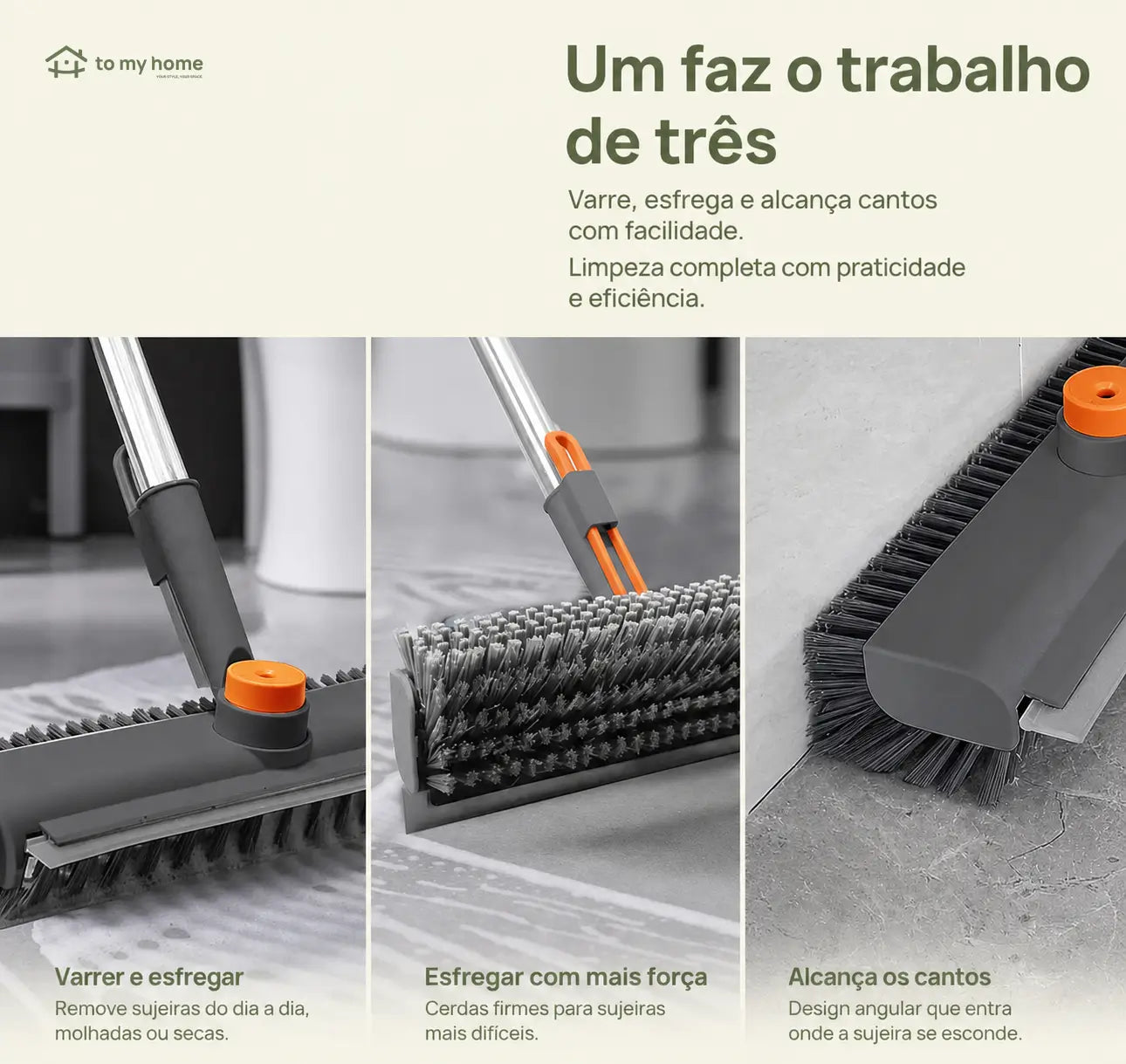 Escova esfregão 3 em 1 com cabo ajustável, rotação 360° e rodo para limpeza pesada de pisos, azulejos e banheiro
