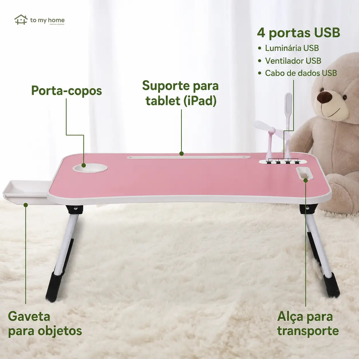 Mesa dobrável para notebook com 4 portas USB, porta-copos e gaveta para trabalhar ou estudar na cama com conforto