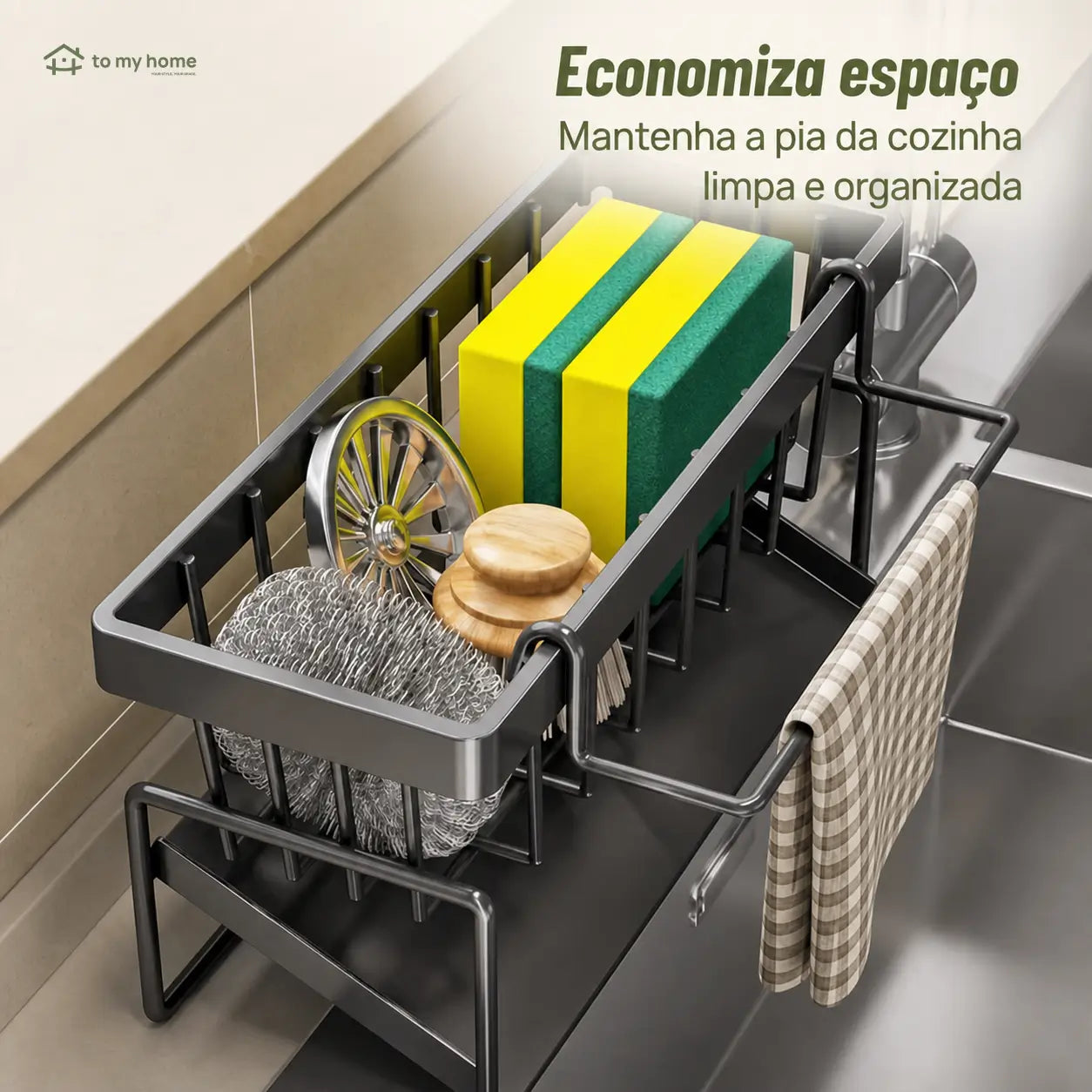 Caddy organizador de pia com porta-esponja, divisória e suporte alto para escova, ideal para cozinha compacta, bancada limpa e utensílios à mão