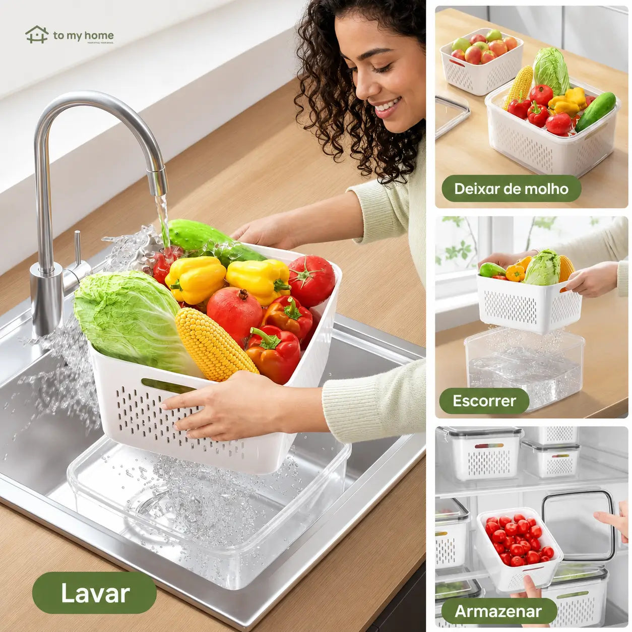 Kit com 5 potes organizadores de geladeira empilháveis, herméticos e livres de BPA, com escorredor para frutas, verduras, saladas e carnes