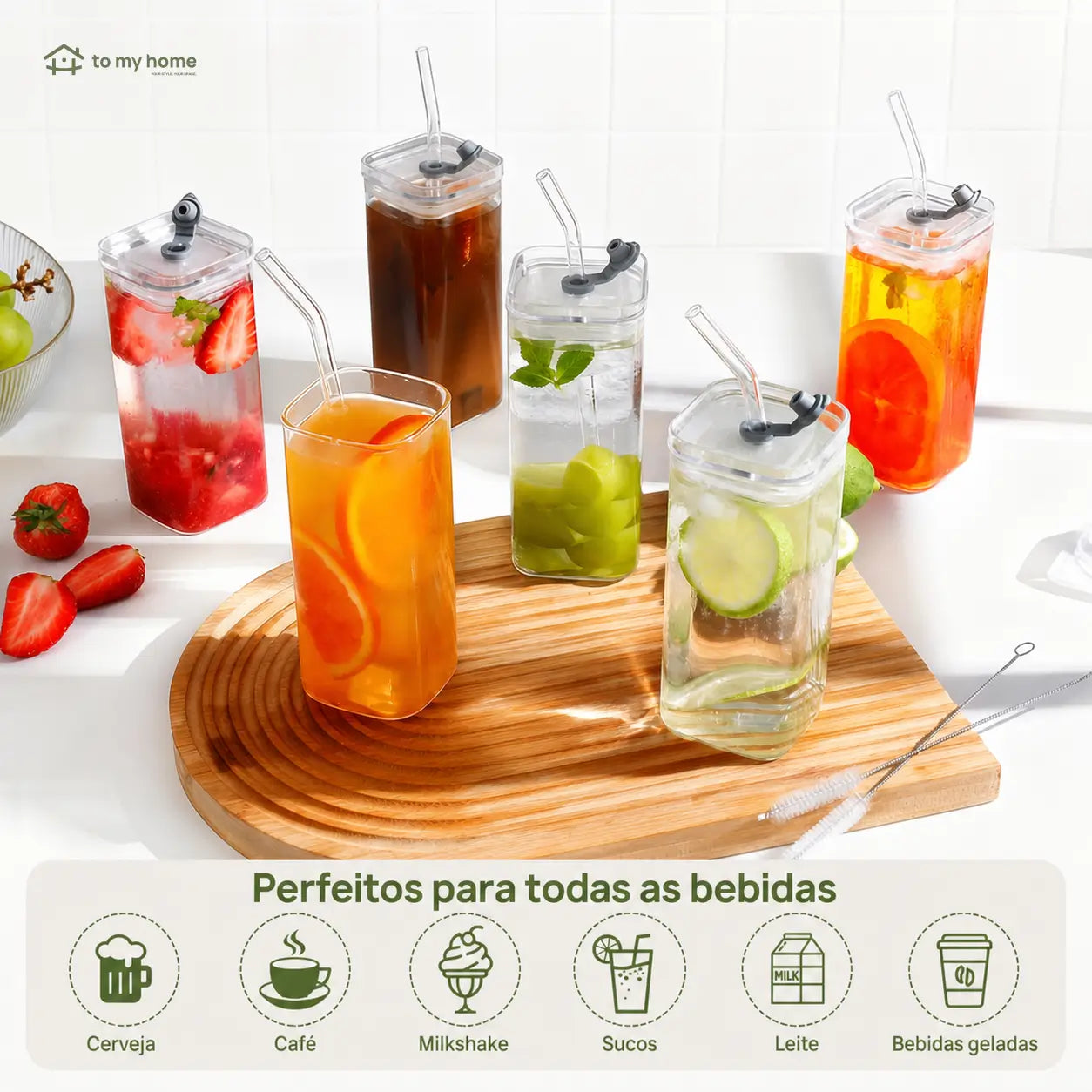 Conjunto com 4 copos de vidro 380 ml com tampa e canudo, design quadrado para café, sucos e drinks em casa ou no escritório