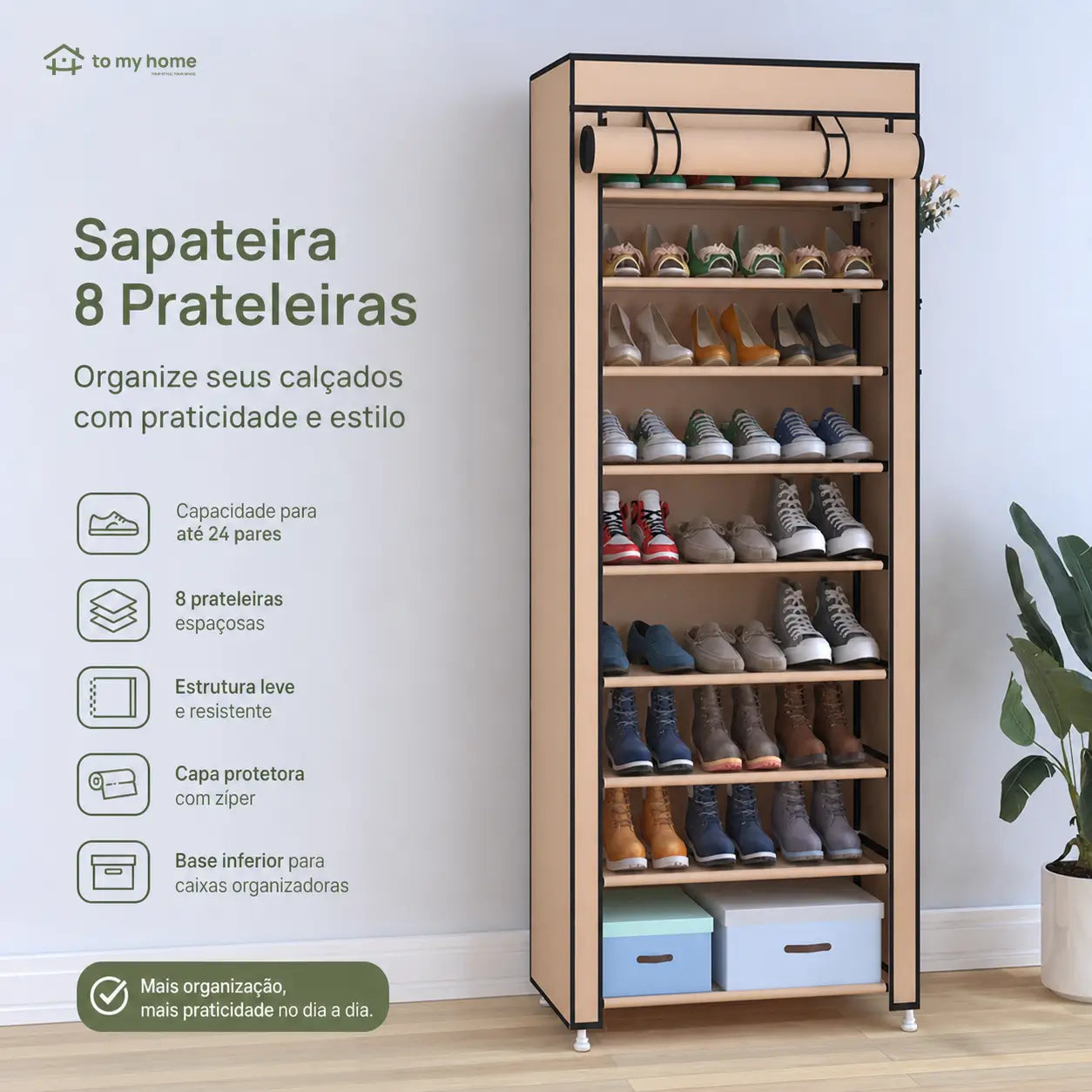 Sapateira vertical de 10 níveis com capa antipoeira e estrutura ajustável para organizar até 27 pares em espaços pequenos da casa
