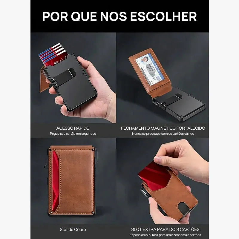 Carteira masculina slim minimalista em alumínio com bloqueio RFID, visor, clip para notas, sistema pop-up, design compacto, segura, elegante e prática