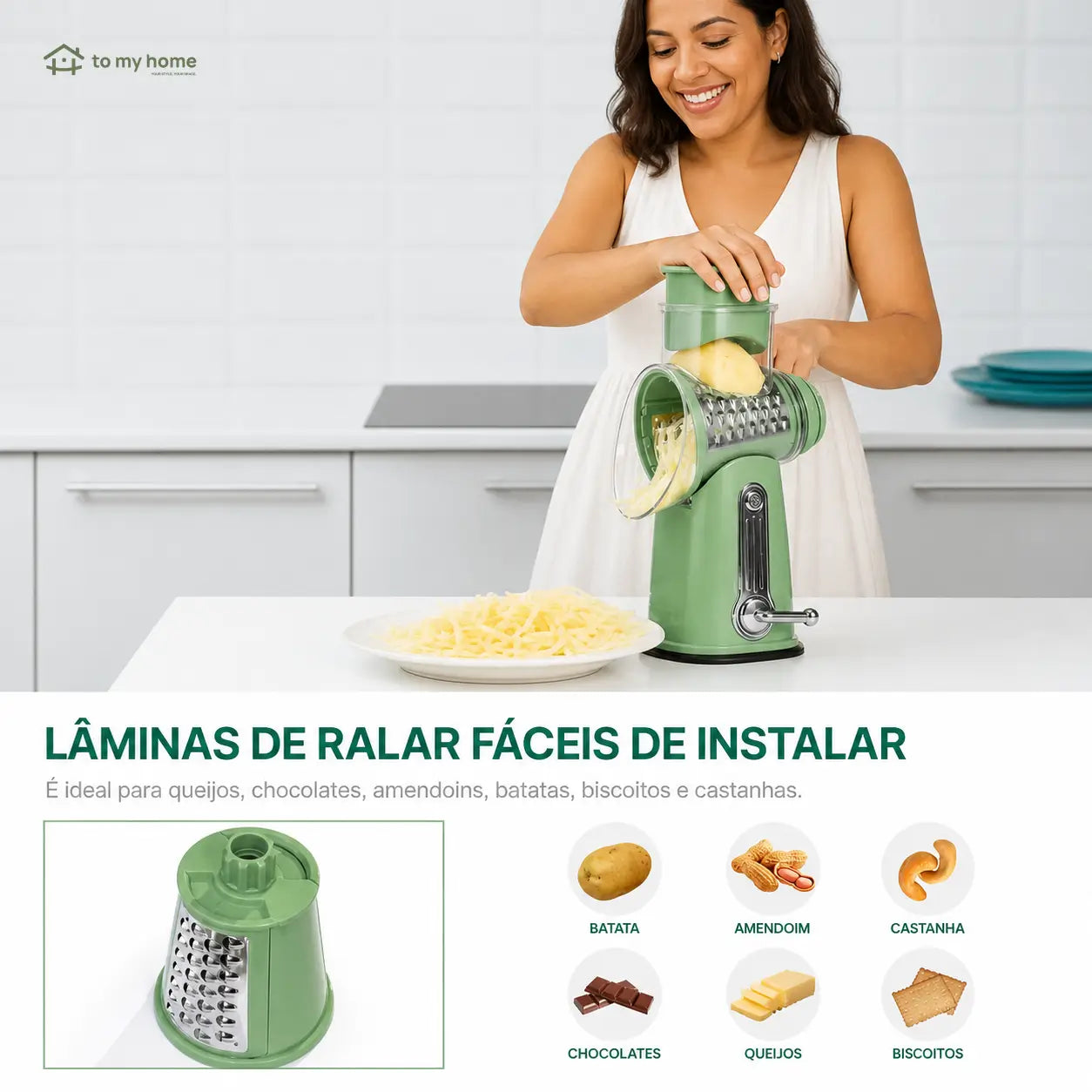 Ralador de queijo rotativo com 5 lâminas inox e base de sucção para fatiar legumes, frutas e chocolate com segurança na cozinha