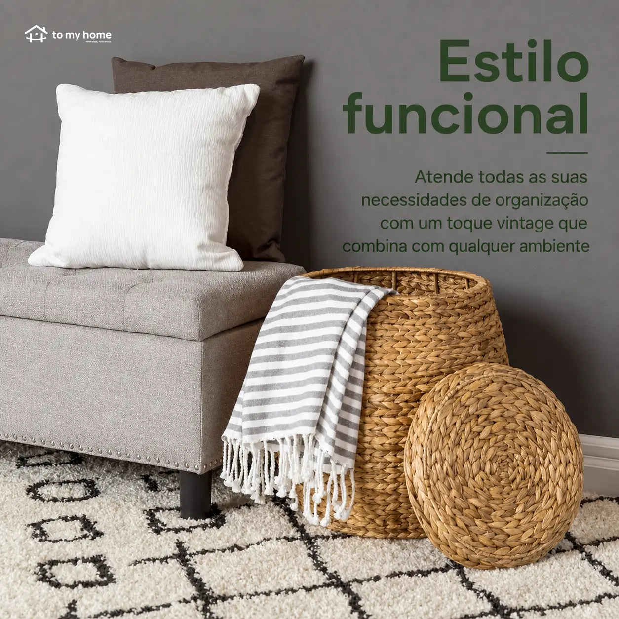 Cesto organizador com tampa em fibra natural trançada, estrutura metálica e armazenamento discreto para sala, quarto, brinquedos, mantas e roupas