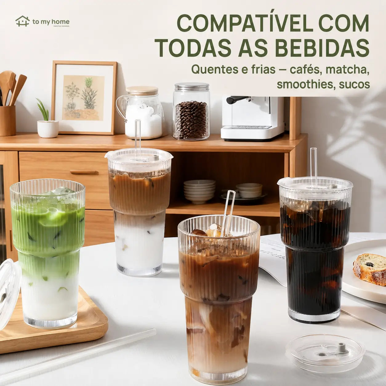 Copo tumbler de vidro canelado com tampa e canudo reutilizável, 562 ml, para café gelado, sucos e smoothies sem vazamentos